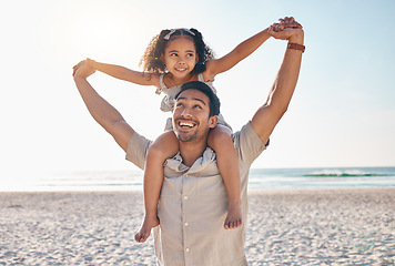 Image showing Airplane, love and father with girl at beach for travel, freedom or happy family vacation in summer with fun. Flying, care and man parent with kid at sea for piggyback, games or traveling in Cancun