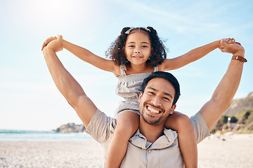 Image showing Airplane, portrait and father with girl at beach for travel, freedom or summer family vacation together with fun. Flying, love and man parent with kid at sea for piggyback, games or happy Cancun trip