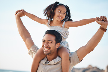 Image showing Airplane, smile and father with girl at beach for travel, freedom or happy family vacation in summer. Flying, love and excited parent with fun kid at sea for piggyback, games or traveling in Miami