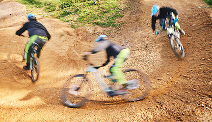 Image showing Cycling, action and blur of man on bicycle for adrenaline on adventure, freedom and ride for speed. Mountain bike, sports and cyclist for training, exercise and fitness on dirt road, trail and track