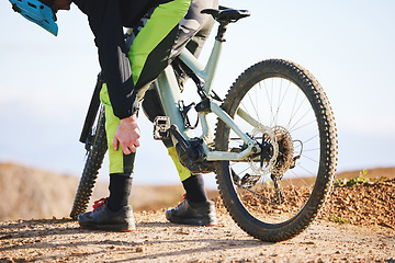 Image showing Leg, cycling and outdoor with exercise pain and injury from fitness and mountain bike training. Athlete, calf muscle and sport accident with a person in nature for workout on bicycle and on dirt path