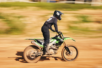 Image showing Off road, motorcycle and man in the countryside for fitness, adrenaline and speed training outdoor. Sports, bike and male driver on motorbike with freedom, performance and moto hobby stunt in nature