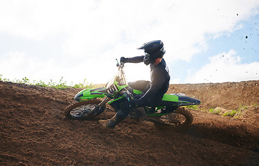 Image showing Sports, stop and man on motorcycle with freedom, energy and power stunt in the countryside for training challenge. Off road, brake and male driver with motorbike for speed, performance or Moto action