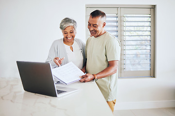 Image showing Happy couple, senior and documents on laptop for new home, investment or finance together. Elderly man and woman smile in happiness on computer for financial house insurance, real estate or mortgage