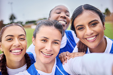 Image showing Hockey selfie, women and portrait on a field for sports, teamwork or training together. Smile, collaboration and an athlete group taking a picture at a park for a game, match or competition memory