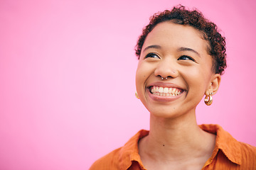 Image showing Thinking, woman and happy in studio with mockup space, gen z style and fashion. Pink background, female person and vision of future with idea and excited with modern, trendy and student clothing