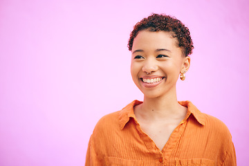 Image showing Happy, thinking woman and smile in studio excited with confidence feeling cute. Pink background, young face and African female person with trendy, modern girl and student fashion with gen z glow