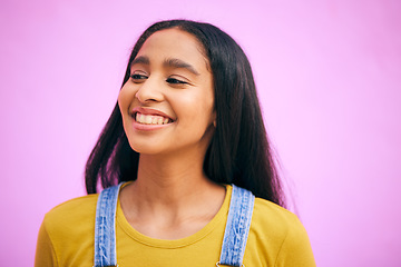 Image showing Smile, woman and happy in studio with confidence, gen z style and youth fashion. Pink background, female person and girl from India feeling proud and excited with modern, trendy and student clothing