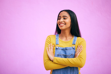 Image showing Smile, woman and happy with arms crossed in studio with mockup space, gen z style and fashion. Pink background, female person and girl with confidence and idea with modern, trendy and clothing