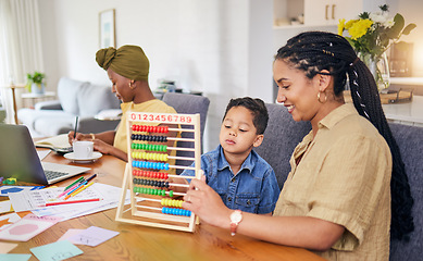 Image showing Child, homework help and math with mom in home with counting on abacus for development growth. Young boy, student and school work for education and learning at a house with mother teaching for study