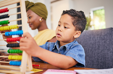 Image showing Child, homework and math in home with counting on abacus for development growth. Young boy, student and school work for education and learning at a house with kindergarten tools for youth study