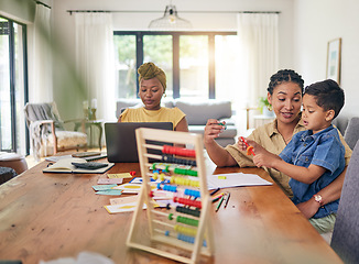 Image showing Child, homework help and math in home with mom and abacus for development growth. Young boy, student and family with lgbt, gay and lesbian parents with education support and learning for teaching kid