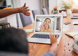 Image showing Wave, video call and child with woman teacher at home with education, e learning and teaching. Live streaming, hello and welcome of a female professional in kid webinar with smile in a house