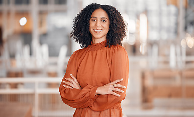 Image showing Smile, arms crossed and portrait of a woman at work for business pride and corporate confidence. Happy, office and a young employee with career empowerment and job motivation in the workplace