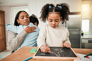 Image showing Child homework, family support and mom care with chalkboard, writing and school learning at home. Mother, young girl and knowledge development with kid in a house with education for homeschool