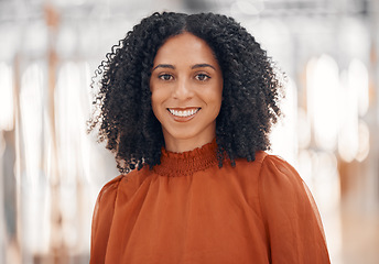 Image showing Business woman, smile and portrait with entrepreneur confidence, work pride and happy. Worker, professional and female employee from Brazil at company with face and ready for creative job with bokeh