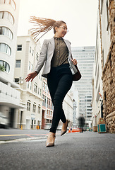 Image showing Business woman, walking and job commute with trendy, gen z and young employee in the city. Busy, creative job and happy female professional on a sidewalk, street and urban road for travel to work