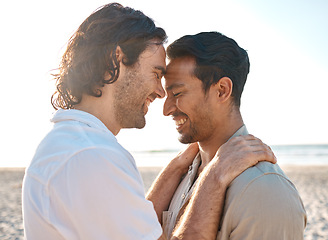 Image showing Love, hug and gay men on beach, romance and smile on summer vacation together in Thailand. Sun, ocean and island, happy lgbt couple embrace in nature on fun tropical holiday with pride, sea and sand.