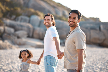 Image showing Gay couple, portrait and holding hands with family at beach for seaside holiday, support and travel. Summer, vacation and love with men and child in nature for lgbtq, happiness and bonding together
