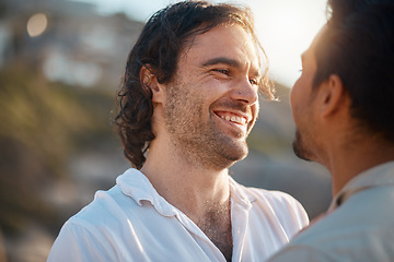 Image showing Love, smile and gay couple, men hug and laugh on romantic summer vacation together in Thailand. Sun, care and island, happy interracial lgbt people embrace in nature on fun outdoor holiday with pride