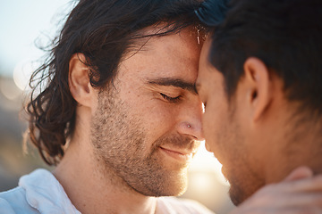 Image showing Love, embrace and gay couple, men at sunset with hug and smile on summer vacation together in Thailand. Sunshine, nature and romance, happy lgbt people on fun holiday with pride, relax and freedom.