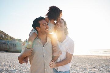 Image showing LGBT, beach child and family laughing at conversation joke, holiday humour or enjoy funny time together in Canada. Love bond, nature comedy or gay parents walking with adoption kid on dads shoulders