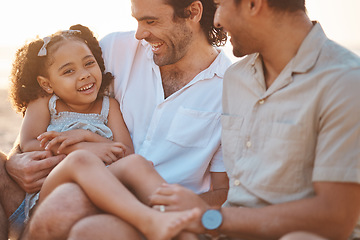 Image showing Gay couple, happy and relax with family at beach for seaside holiday, support and travel. Summer, vacation and love with men and child laughing in nature for lgbtq, happiness and bonding together