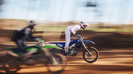 Image showing Race, motorcycle and sports, men in speed for practice, training and fast action adventure. Professional dirt road biking, motion and biker in motorbike competition, performance and outdoor challenge