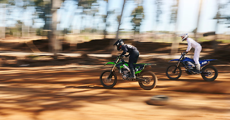 Image showing Race, motorcycle and extreme sports, fast men with speed for practice and training for action adventure. Professional dirt biking, motion and off road motorbike competition, performance and challenge