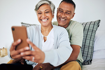 Image showing Mature, happy couple and selfie in bed at home with smile, retirement and marriage. House, mobile and social media for profile picture in bedroom with online and photo on web with senior people