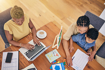 Image showing Child, homework and math with mom help in home with counting and working lgbt parents. Young boy, student and remote work above for education and learning at house with study and development growth