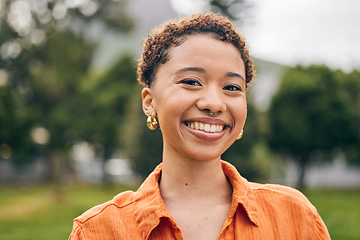 Image showing Happy, relax and portrait of woman in park with smile for relaxing, holiday and weekend outdoors. Freedom, happiness and face of female person in nature for fresh air, positive mindset and break