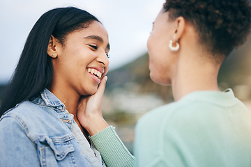 Image showing Love, lesbian or happy gay couple with trust, care and pride in LGBTQ community with smile or support. Friends, women or people in nature for freedom, romantic date or commitment on holiday vacation