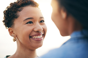 Image showing Face, lesbian or happy gay couple with love, care and pride in LGBTQ community with smile or support. Friends, women or people in nature for freedom, romantic date or commitment on holiday vacation