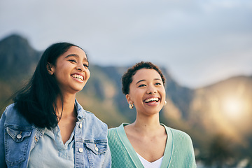 Image showing Love, lesbian or happy gay couple laughing with care or pride in LGBTQ community with smile or support. Friends, women or funny people in nature on a romantic date or commitment on holiday vacation