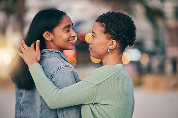 Image showing Love, lesbian or gay couple with trust, care and pride in LGBTQ community with smile or support. Outdoor, gen z women or people in nature for freedom, romantic date or commitment on holiday vacation