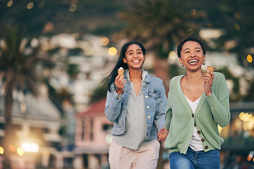 Image showing Ice cream, lesbian or happy gay couple with love, care or pride in city outdoors with smile or support. LGBTQ, women or people in nature for freedom, romantic date or commitment on holiday vacation