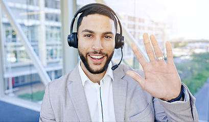 Image showing Thinking face, man and call center for video in customer service, support or conversation in office. Portrait, listen and business person telemarketing, communication or idea for crm with headphones