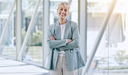 Image showing Face, lawyer and senior woman in office for business in corporate company. Attorney, portrait and happy person, professional and advocate, ceo and executive director from Australia with legal career