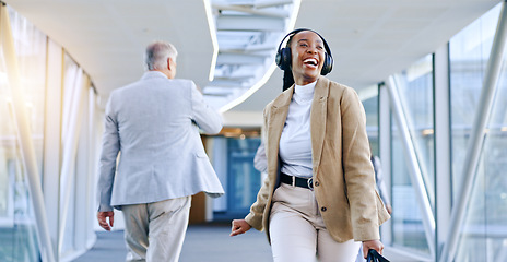 Image showing Headphones, music and business woman dance in office walking with celebration for weekend. Company, female worker and web radio listening to audio feeling happy with freedom and web song with smile