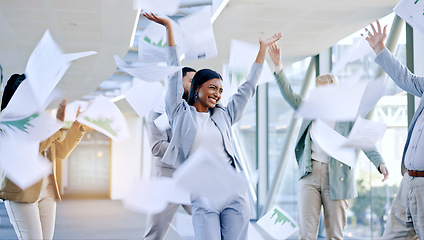 Image showing Documents in air, celebration and business people dance in office for achievement, winner and goals. Teamwork, collaboration and excited men and women dancing, throw paperwork and winning for success