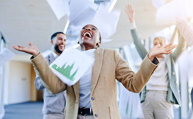 Image showing Documents in air, celebration and business people dance in office for achievement, winner and goals. Teamwork, collaboration and excited men and women dancing, throw paperwork and winning for success