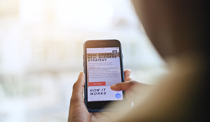 Image showing Businessman, hands or typing on a phone for email on ecommerce social media or digital website on network. Search closeup, scroll or worker online shopping or reading news information on mobile app