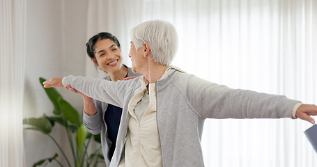 Image showing Physiotherapy, stretching and senior woman assessment, clinic rehabilitation or support on physical therapy check. Medical exam, chiropractor injury healing or physiotherapist helping elderly patient