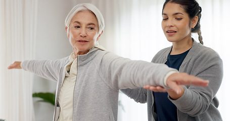 Image showing Physiotherapy consultation, stretching and senior woman with insurance service, clinic rehabilitation and support. Physiotherapist assessment, chiropractor exam and physical therapy help for patient