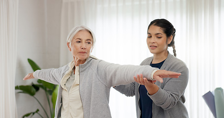 Image showing Physiotherapy consultation, stretching and senior woman with insurance service, clinic rehabilitation and support. Physiotherapist assessment, chiropractor exam and physical therapy help for patient