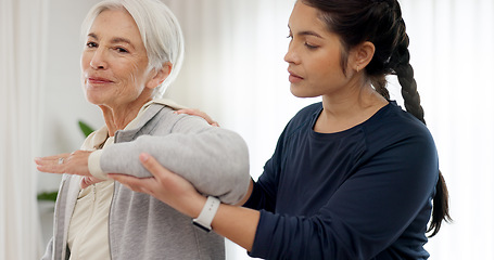 Image showing Physiotherapy, arm stretching and senior woman assessment, test or body exam for chiropractic rehabilitation. Physical therapy, chiropractor injury healing or physiotherapist helping elderly patient