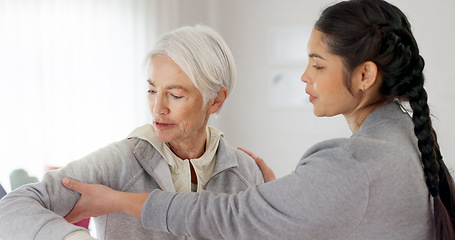 Image showing Consultation, physical therapy and senior woman with a nurse in a medical clinic or rehabilitation center. Healthcare, wellness and elderly female patient talking to a physiotherapist at a checkup.