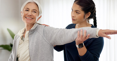 Image showing Physiotherapy, arm stretching and senior woman assessment, test or body exam for chiropractic rehabilitation. Physical therapy, chiropractor injury healing or physiotherapist helping elderly patient