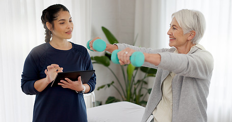 Image showing Physiotherapy tablet, senior happy woman and dumbbell workout, good healthcare results or rehabilitation assessment test. Physical therapy, support or physiotherapist monitor arm exercise of client